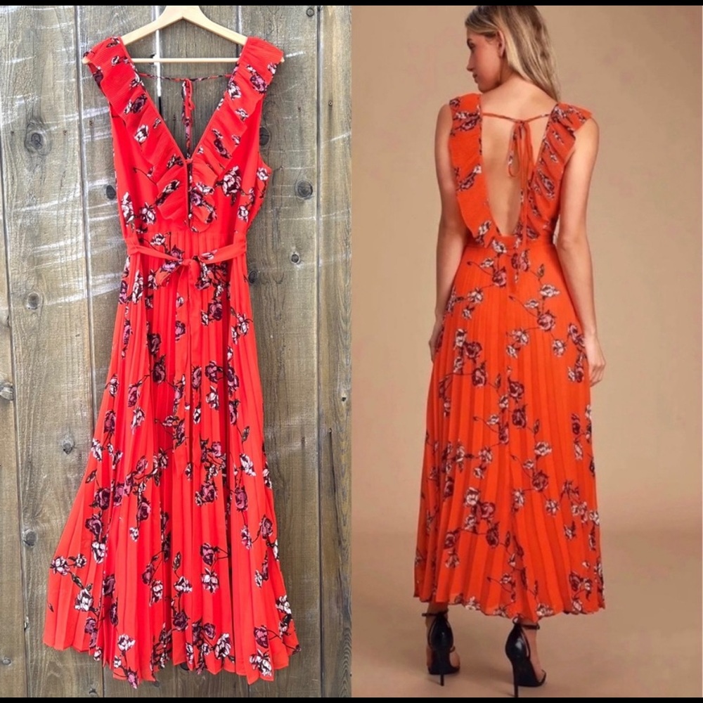 Red Orange Floral Pleated Chiffon Backless Maxi Dress 🌿